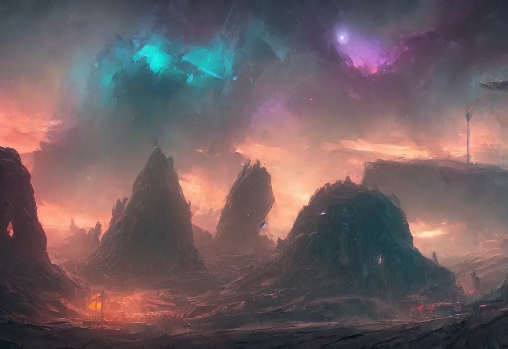 Prompt: a dystopian landscape trending on artstation, vibrant alien life, cosmic smoke