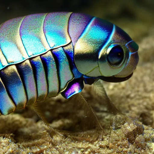 Prompt: iridescent metallic giant isopod