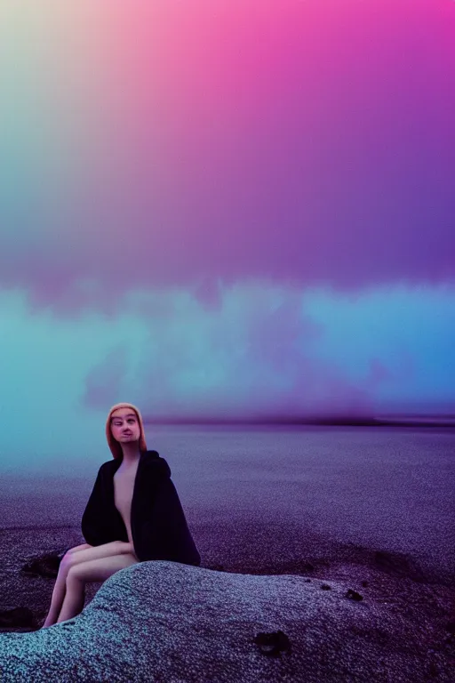 Image similar to high quality pastel coloured film photograph of a model wearing clothing resting on cloud furniture in a icelandic black rock environment in a partially haze filled dreamstate world. three point light, rainbow. photographic production. art directed. pastel colours. volumetric clouds. pastel gradient overlay. waves glitch artefacts. 8 k. filmic.