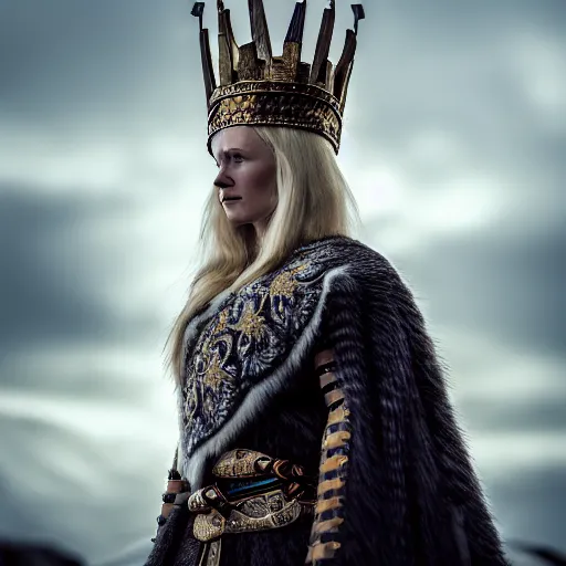 Image similar to photo of a real-life beautiful nordic warrior queen with ornate cloak and crown, 8k, HDR, award-winning, sharp focus, volumetric lighting,