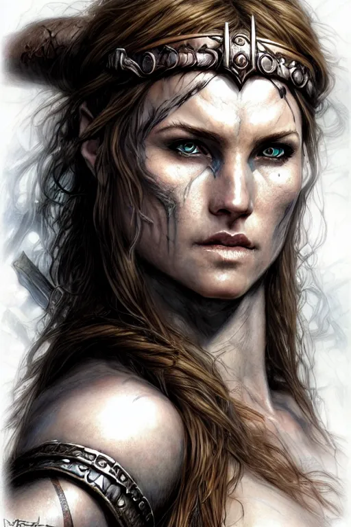 Prompt: head and shoulders portrait of a barbarian, female, high fantasy, dnd, face details, extremely detailed, smooth, sharp focus, digital illustration, by luis royo, magali villeneuve, donato giancola, wlop, krenz cushart, artgerm