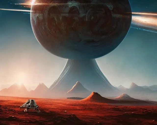 Prompt: epic beautiful composition, hyperrealism, scene from starship, hexagon space colony buildings on a fantastic red orange planet, giant planets in the skies above, true detective, 8 k, 8 0 s japanese sci - fi books art