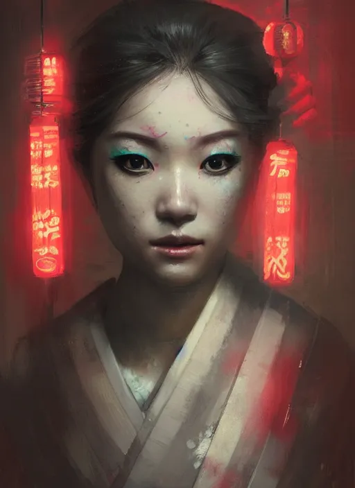 Image similar to female geisha girl, beautiful face, neon, rule of thirds, intricate outfit, spotlight, by greg rutkowski, by jeremy mann, digital painting