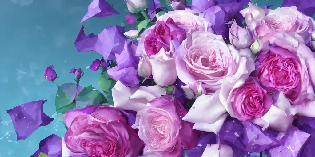 Image similar to magic invisible blade slicing through a bouquet of purple white and pink roses, flowers exploding and spraying, big puffy clouds, sharp cuts, large rose petals, lotus petals, large polygonal background elements, large polygons, dramatic anime, dramatic lighting, artgerm, manga, trending on artstation, art nouveau, mature colors