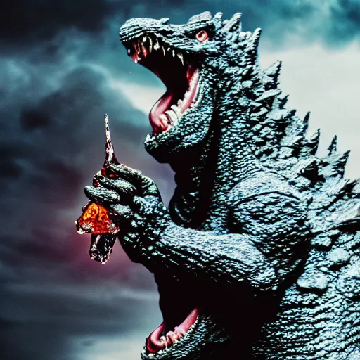 Image similar to godzilla eating a crystal, 5 5 mm