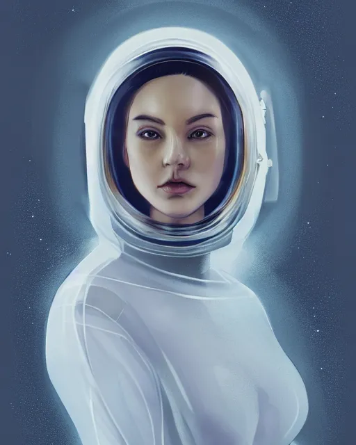 Image similar to beautiful girl in a transparent astronaut helmet, character concept style, by Mateusz Urbanowicz, beautiful girl, 8k character concept art, by WLOP, cinematic lighting, trending on artstation, symmetrical portrait symmetrical, highly detailed CGsociety, hyper