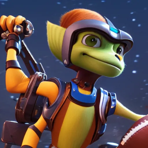 Image similar to ratchet and clank watches the nfl football, ultrarealistic