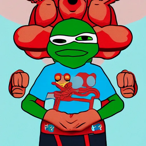Prompt: Pepe frog muscular warrior character in Joan Cornella style, HD , 4K, volume light, sharp focus, cinematic composition, dramatic pose, hyper detailed,