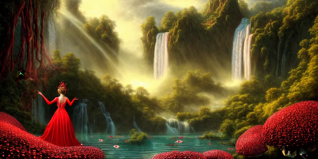 Prompt: an elegant fairy queen in a red lace dress dancing looking out at a lord of the rings scenery landscape, vast lush valley flowers and giant mushroom structures, waterfall falling into a clear lake, river, sunrise, god's rays highly detailed, vivid colour, soft clouds, floral sunset, cinematic lighting, perfect composition, gustave dore, derek zabrocki, greg rutkowski
