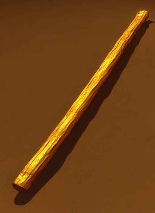 Image similar to rpg item render, a single egyptian wood staff made of gold, ancient symbols, bright, Unreal 5, DAZ, hyperrealistic, octane render, dynamic lighting