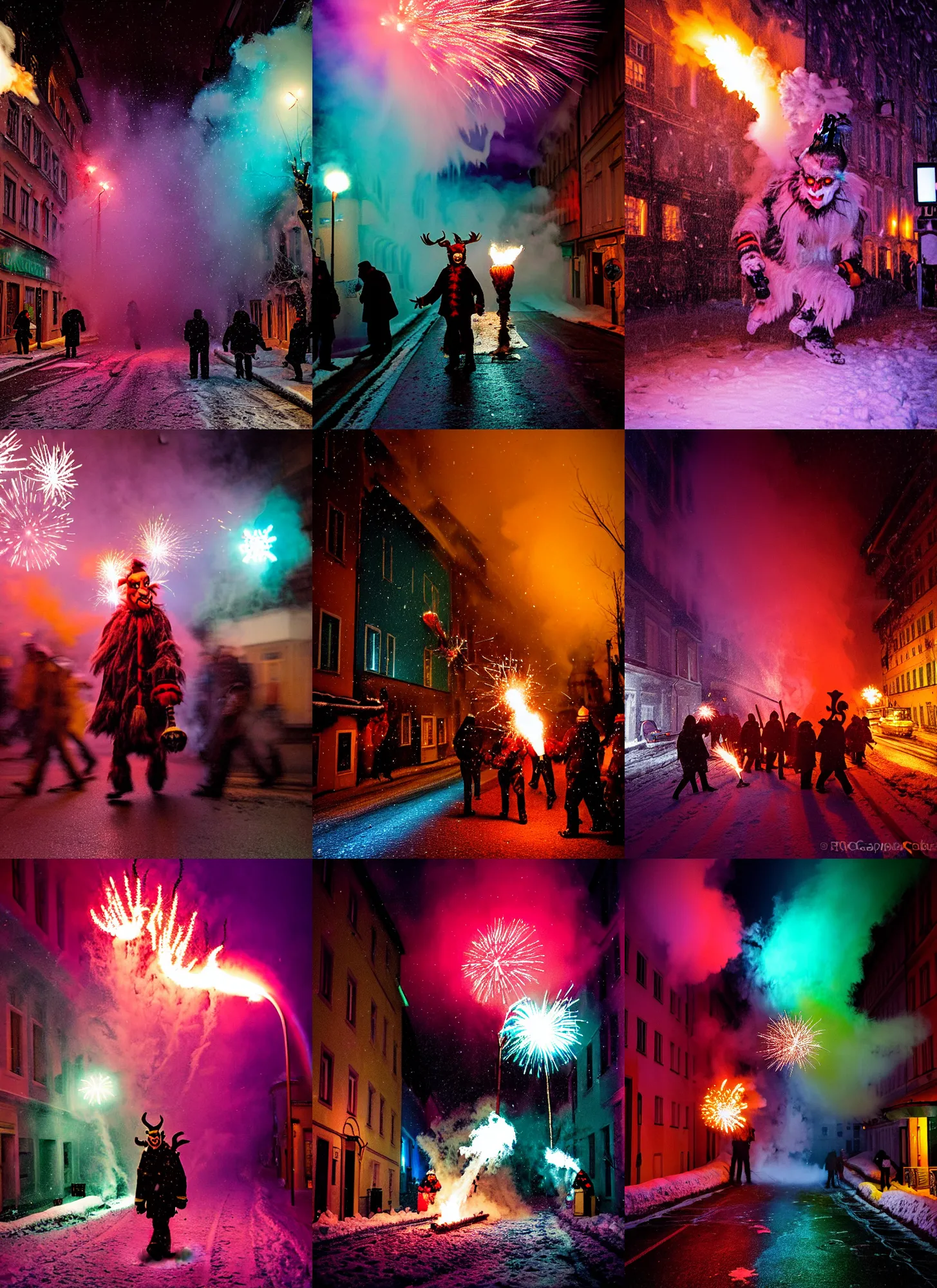 Prompt: kodak portra 4 0 0, winter, snowflakes, rainbow coloured chaos, award winning dynamic photo of a bunch of hazardous krampus between exploding fire barrels by robert capas, motion blur, in a narrow lane in salzburg at night with colourful pyro fireworks and torches, teal lights