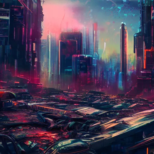 Prompt: cyberpunk landscape of a ruined city, landscape, vibrant colors