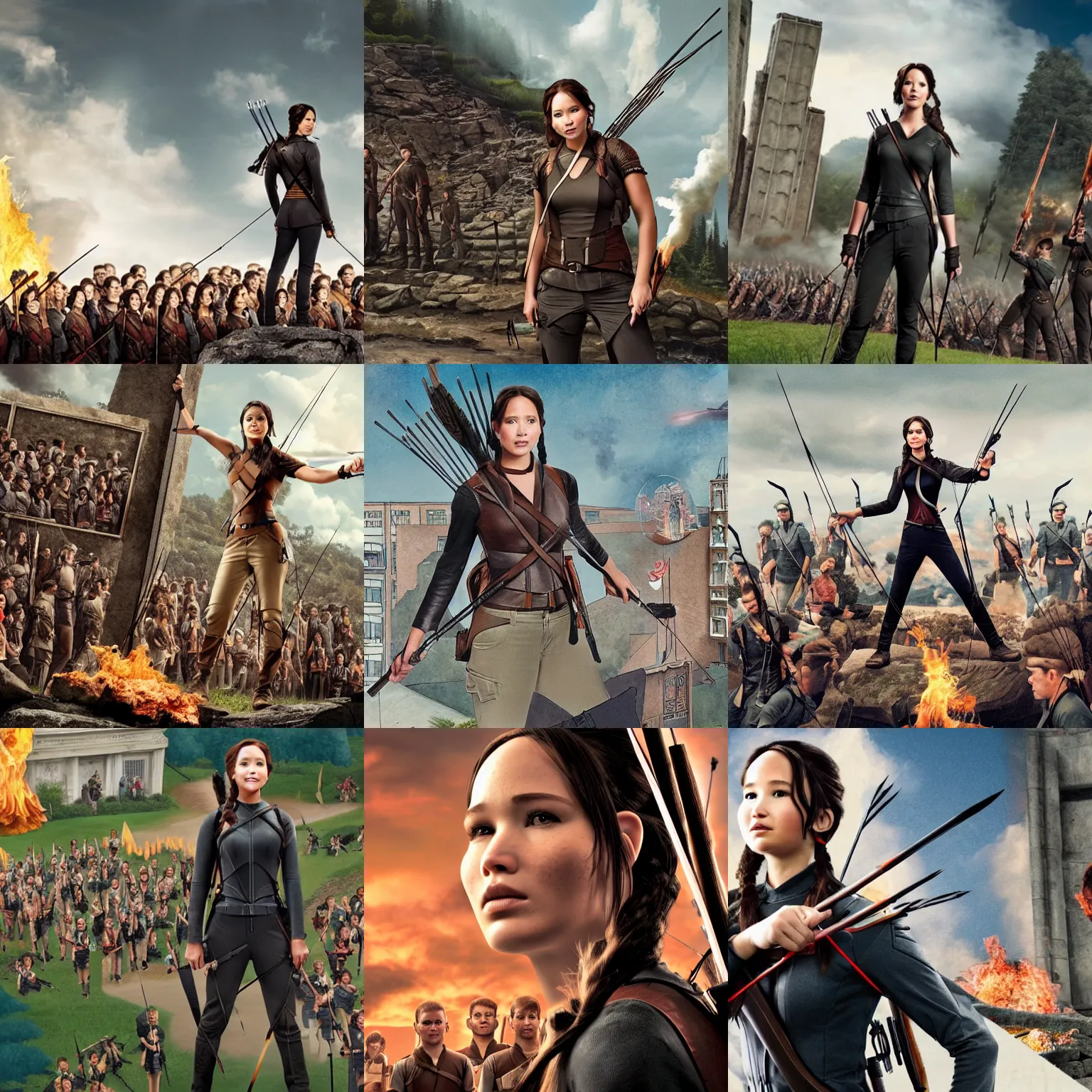 Prompt: Giant Katniss Everdeen stands next to a town, surrounded by people, illustration, Gulliver's Travels