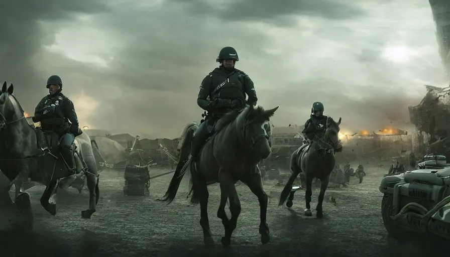 Prompt: police riding a militarized horse through an orwellian town, troops searching the area, action scene, an epic fantasy, dramatic lighting, cinematic, establishing shot, extremely high detail, photorealistic, cinematic lighting, artstation, octane render, by Christopher Nolan, horizon forbidden west