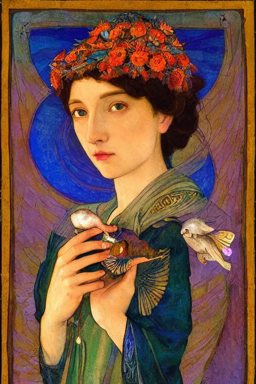 Prompt: queen of the dawn with her lantern and birds, by Annie Swynnerton and Nicholas Roerich, elaborate headdress and iridescent beetles, rich color, dramatic cinematic lighting, extremely detailed