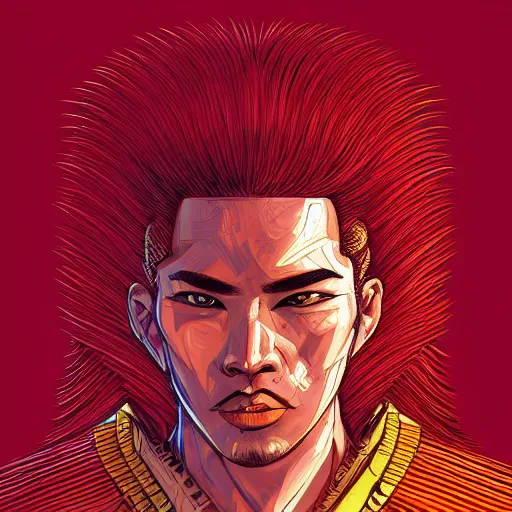 Image similar to portrait painting of a maori street samurai with spiky red hair, cyberpunk, glitchwave, sharp focus, award - winning, trending on artstation, masterpiece, art by josan gonzales and moebius