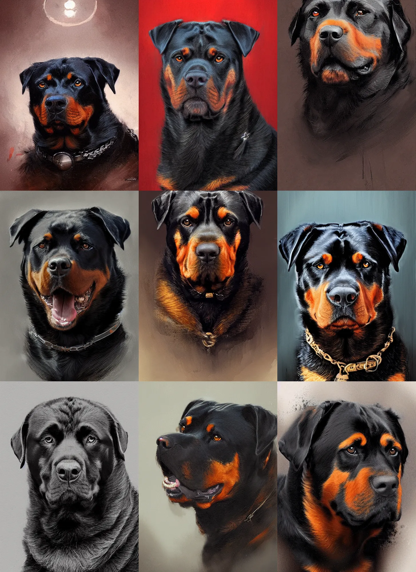 Prompt: portrait of noble rottweiler. digital art by jeff easley, anna dittmann, jeremy mann, intricately detailed, in the style of romanticism, cinematic, artstation, greg rutkowski