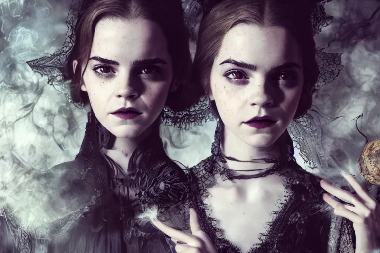 Prompt: a mix of of emma watson, anya taylor - joy and emma stone, evil sorceress witch, victorian manor, hyperrealism, octane render, extremely detailed, intricate smoke magic, lace, style of mark ryden, earl nore, hyung tae, frank frazetta