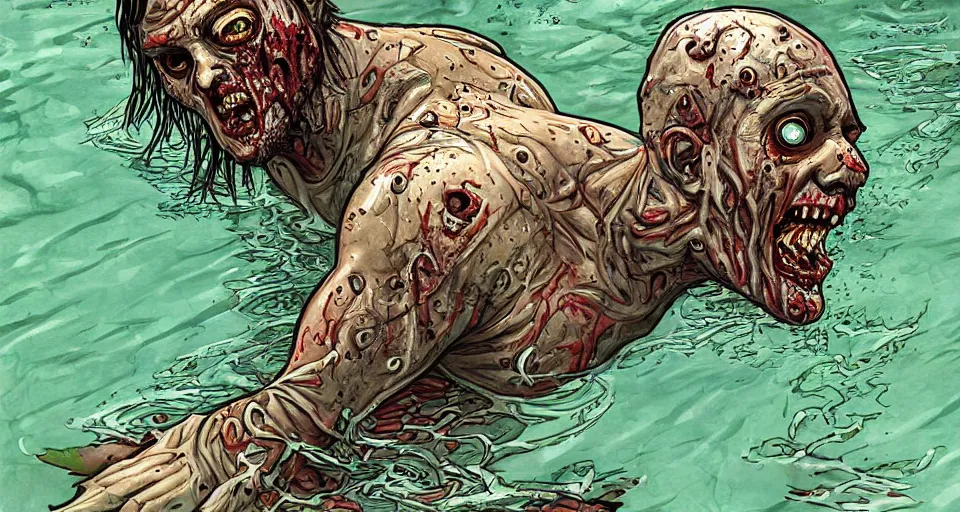 Prompt: highly detailed full body portrait of a zombie swimming underwater in a zombie - apocalypse, in a swimming pool, style tony moore walking dead