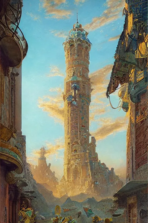 Image similar to glorious painted tower of the sun and stars by Ludwig Deutsch and Rudolf Ernst and tyler edlin, dramatic cinematic lighting , beautiful colorful tilework, ornate architecture, smooth, sharp focus, extremely detailed