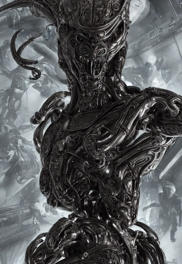 Image similar to engineer prometheus, xenomorph alien, highly detailed, symmetrical long head, smooth marble surfaces, detailed ink illustration, raiden metal gear, cinematic smooth stone, deep aesthetic, concept art, post process, 4k, carved marble texture and silk cloth, latex skin, highly ornate intricate details, prometheus, evil, moody lighting, hr geiger, hayao miyazaki, indsutrial Steampunk