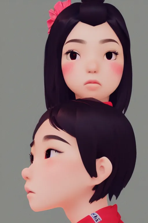 Prompt: a side view portrait of cute Asian girl singing, short hair, in the style of DreamWorks animation, low angle view, 16mm lens, award winning, hyper detailed, dramatic lighting, artstation, octane renderer, unreal engine