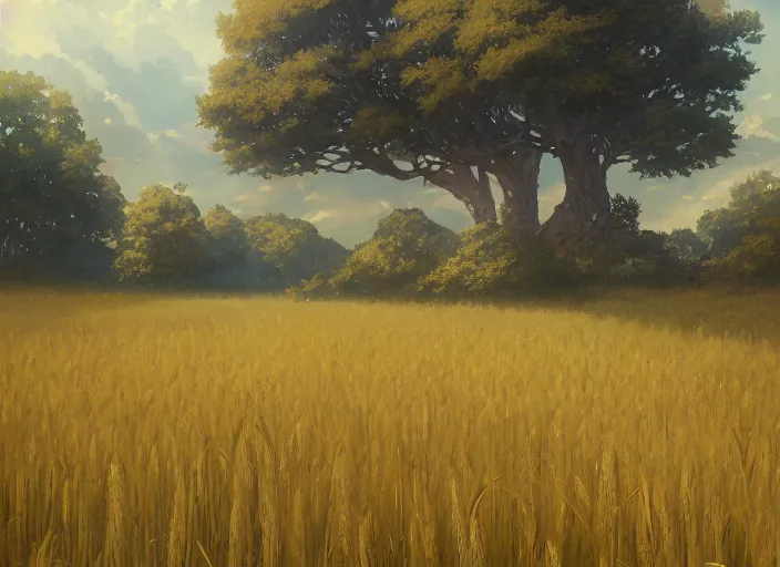 Prompt: Lush fields of wheat, anime, lush trees, a fantasy digital painting by Greg Rutkowski and James Gurney, trending on Artstation, highly detailed