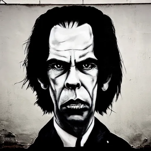 Prompt: portrait of nick cave looking intense street art black white and red