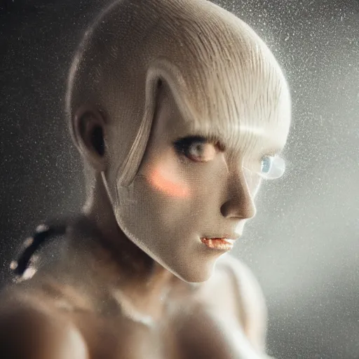 Image similar to beautiful blond xenomorph girl with human face in the style of giger, ground fog, moody lighting, 8 k, lightning, shallow depth of field, cinematic lighting,