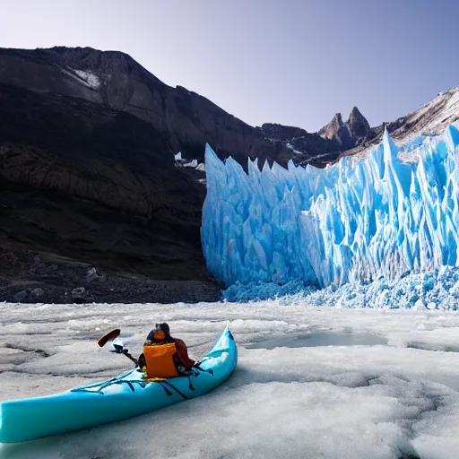 Image similar to a wide angle photograph taken on a kayak of a river with blue skies ahead and very tall blue frozen glaciers on the sides, rowing out of a frozen ice cave