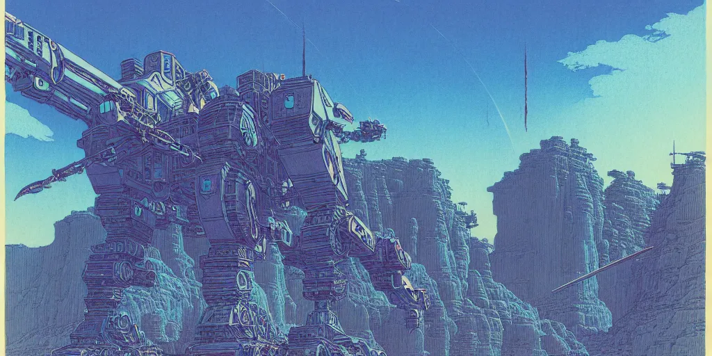 Image similar to grainy risograph matte painting of gigantic huge mech with huge swords, pastel matte colors, staying in the toxic blue canyon, by moebius, hyperrealism, intricate detailed