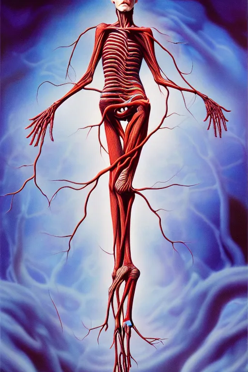 Prompt: a tall, fleshy, anatomical full body figure, with arteries as roots, hovering in the air, zero gravity, brain stars, rich colours, ayami kojima, mark brooks, hauntingly surreal, highly detailed painting by mariko mori, part by james jean, part by gerhard richter, soft light 4 k