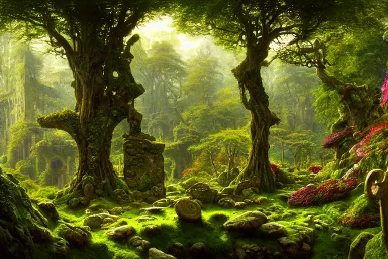 Prompt: a beautiful and highly detailed matte painting of a lush garden in a beautiful forest, carved celtic stone runes, psychedelic colors, intricate details, epic scale, insanely complex, hyperdetailed, artstation, cgsociety, 8 k, sharp focus, hyperrealism, by caspar friedrich, albert bierstadt, james gurney, brian froud,