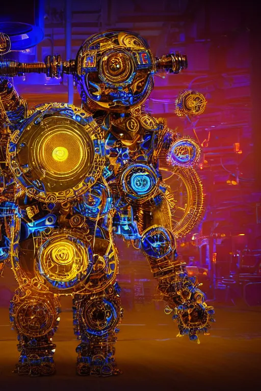 Image similar to photo of a giant huge golden and blue metal steampunk robothead covered with multicolored tubes and gears, eyes are glowing red lightbulbs, arms are made of guitars, shiny crisp finish, 3 d render, 8 k, insaneley detailed, fluorescent colors, background is multicolored lasershow