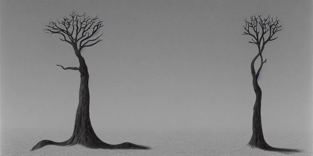 Image similar to dry desert with a tree in the shape of a slender women in the style of Zdzisław Beksiński