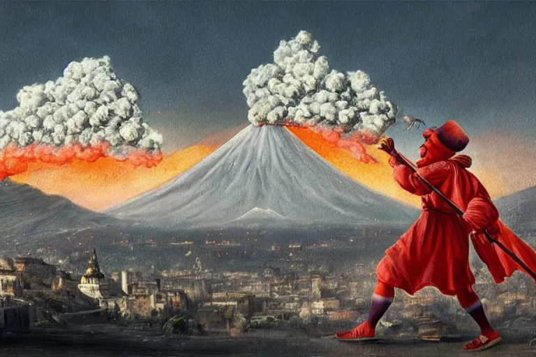 Prompt: a highly detailed pulcinella!!! from naples with pizza!! in the foreground, volcano in the background with smoke, blazing fire and glowing lava, full body, wide angle, an ultrafine detailed painting by rivorio mok, post - apocalyptic vibe, trending on deviantart, whimsical, lowbrow, coherent, sharp focus, octane, masterpiece