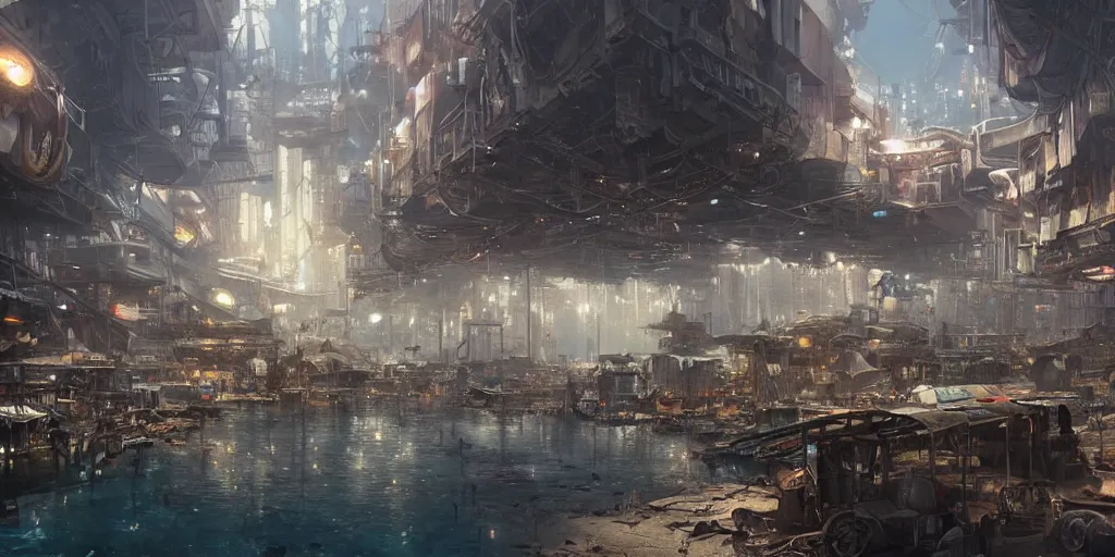 Prompt: screenshot of an underwater marketplace in a massive makeshift city, caustic lighting, colossal arcing metal structures high in the sky, beautiful, awe inspiring, fps, by james gurney, greg rutkowski, sparth, cinematography, cinematic masterpiece