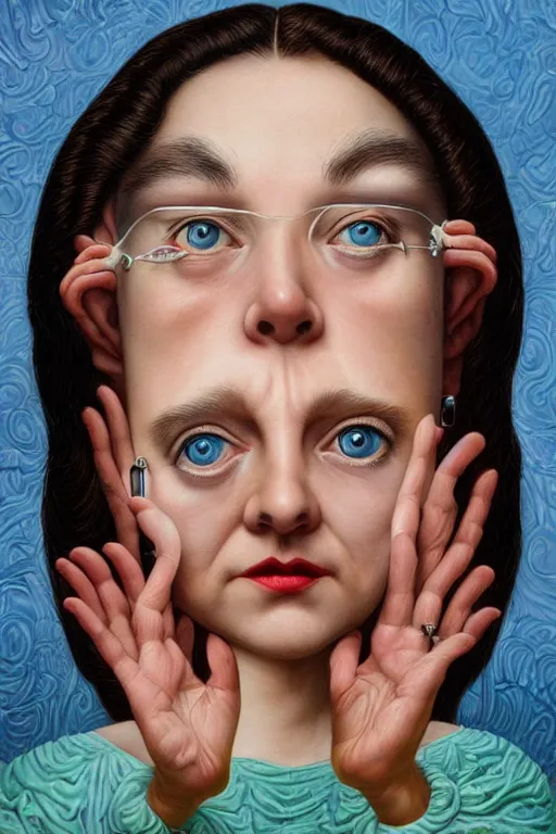 Image similar to a woman wearing a n oculus through her head to catch a trash Mark Ryden and Alex Gross, Todd Schorr highly detailed