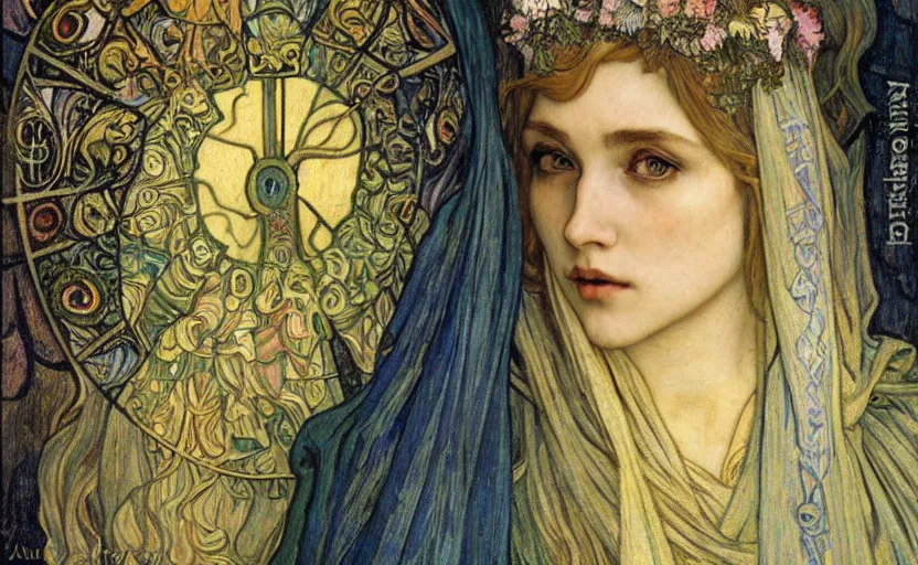 Image similar to detailed realistic beautiful young medieval queen face portrait by jean delville, alphonse mucha, vincent van gogh, and marco mazzoni, art nouveau, symbolist, visionary, gothic, pre - raphaelite