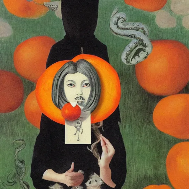 Prompt: tall emo girl artist holding small portraits and a persimmon, tokyo, pigs, octopus, acrylic on canvas, surrealist, by magritte and monet