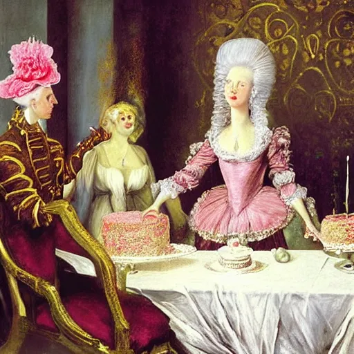 Image similar to Marie Antoinette cutting a pink cake. By El Greco, Remedios Varo, Salvador Dali, Carl Gustav Carus, John Atkinson Grimshaw.