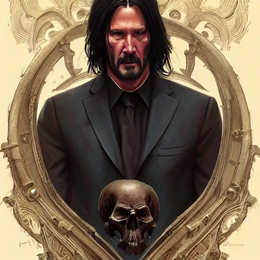 Image similar to a mind - blowing portrait of a john wick wearing a human skull, deep focus, d & d, fantasy, intricate, elegant, highly detailed, digital painting, artstation, concept art, matte, sharp, illustration, hearthstone, art by artgerm and greg rutkowski and alphonse mucha