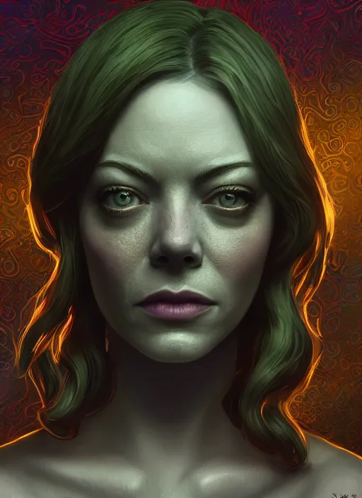 Image similar to lovecraft lovecraftian portrait of emma stone, cthulhu, hyper detailed, digital art, trending in artstation, cinematic lighting, studio quality, smooth render, unreal engine 5 rendered, octane rendered, art style by klimt and nixeu and ian sprigger and wlop and krenz cushart.