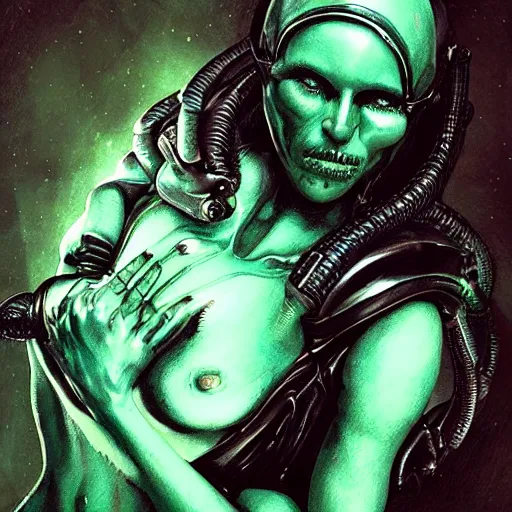 Image similar to xenomorph queen human hybrid, dragon eggs, dark emerald mist colors, giger color liminal backfill, realistic, award winning photograph