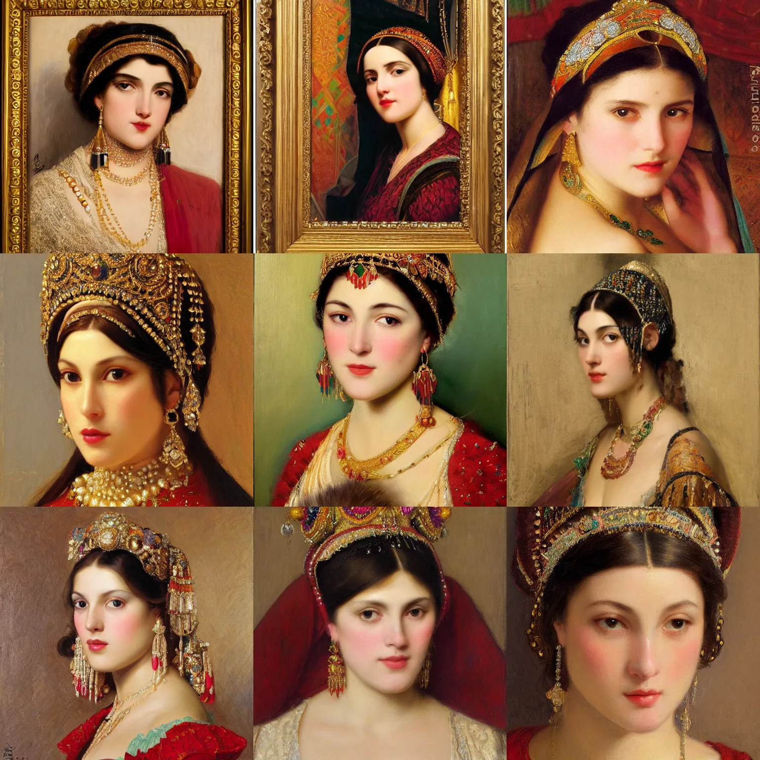 Prompt: orientalism portrait of a cute woman wearing rich jeweled headgear by Edwin Longsden Long and Theodore Ralli and Nasreddine Dinet and Adam Styka, masterful intricate artwork. Oil on canvas, excellent lighting, high detail 8k