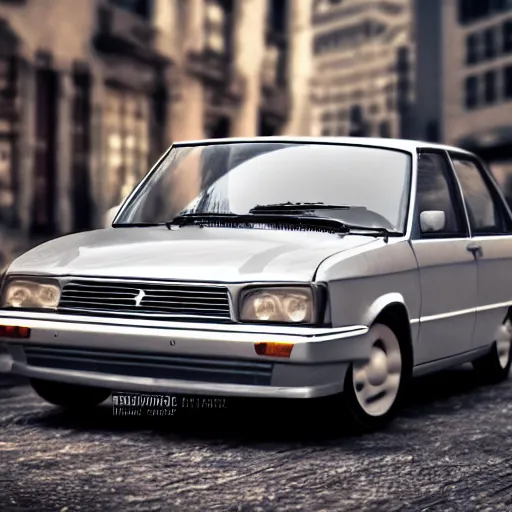 Prompt: cheap, silver paint sedan Lada priora car, broken front, front view, heavy grain, hyperrealistic render, daylight, ray tracing, street photo