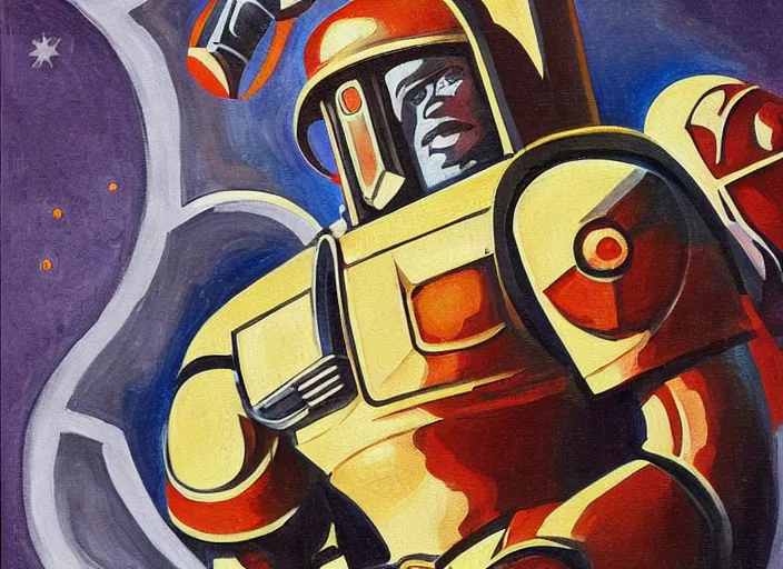 Prompt: Art Deco painting portrait of space-marine in Art Deco architecture style high detail warhammer 40k