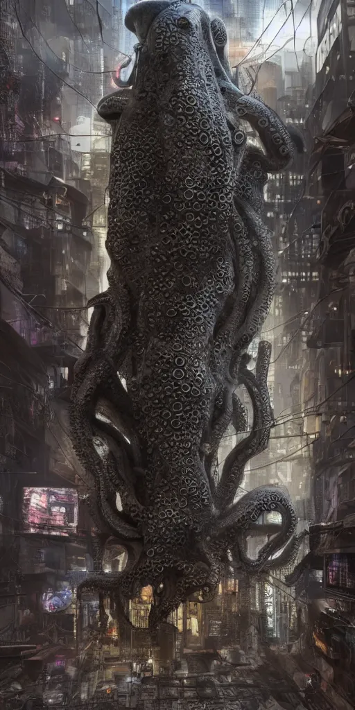 Image similar to hyperrealism, detailed textures, photorealistic 3 d cyberpunk octopus in apocalyptic city, futuristic clothing and helmet, ultra realistic, cinematic, intricate, cinematic light, unreal engine 8 k