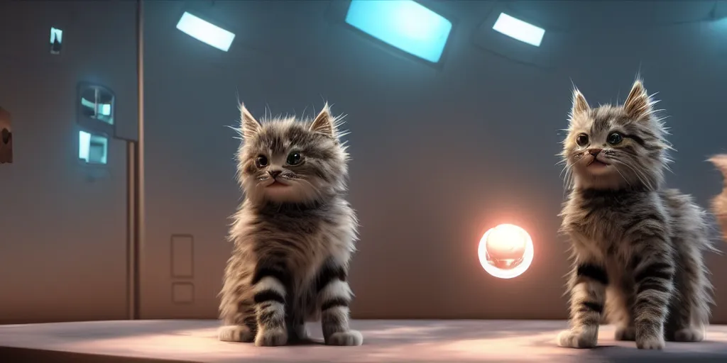 Prompt: a 3 d rendered movie of a cute robot kitten. the robot has rgb lighting implants and it resembles a maine coon kitten. in the background is a cat tree ( cyberpunk ). dramatic lighting. science fiction blockbuster movie, imax 7 0 mm. octane 3 d render, style of mandalorian ( american space western television series )