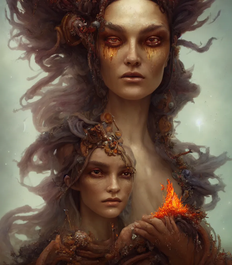 Prompt: oil portrait | single character | full medium shot | front close - up | dressed in long rags with minerals, fire in your hair, ethereal, accurate goddess, tiny mineral embellishments on the face, particles, octane render, aertstation, fine art, intrincate. by peter mohrbacher, marc simonetti, anna podedwor